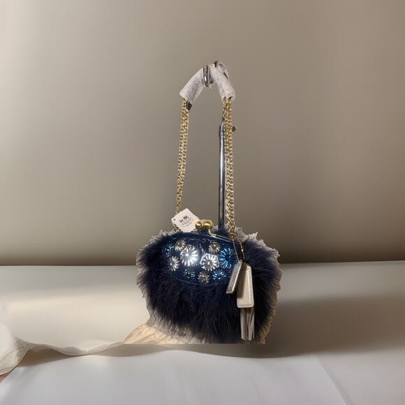 NWT RARE Coach Poppy Patent Floral Fur Bag 21324 BA/BL Navy Blue with Dust Bag - Picture 5 of 14